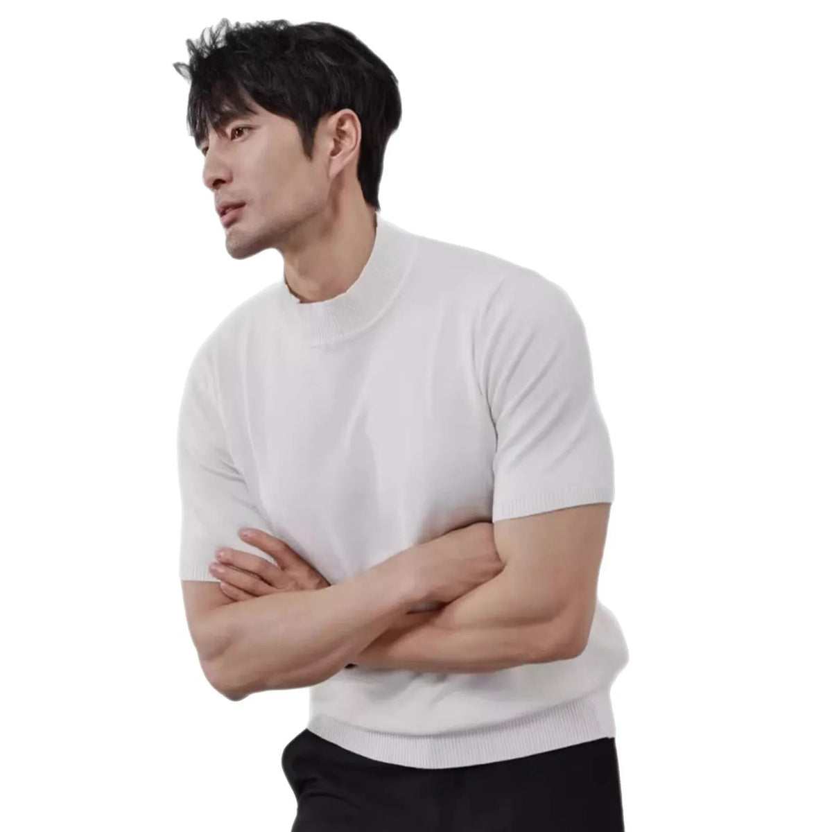 Men's ice silk half turtleneck knitwear pullover, slim fit thin polyester in solid colours, sizes M to XXXL
