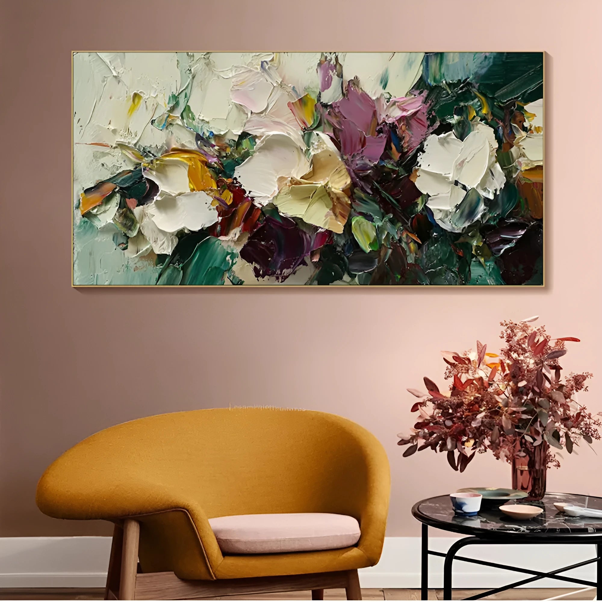 Handmade flowers field oil painting canvas artwork, modern horizontal design, rolled frameless