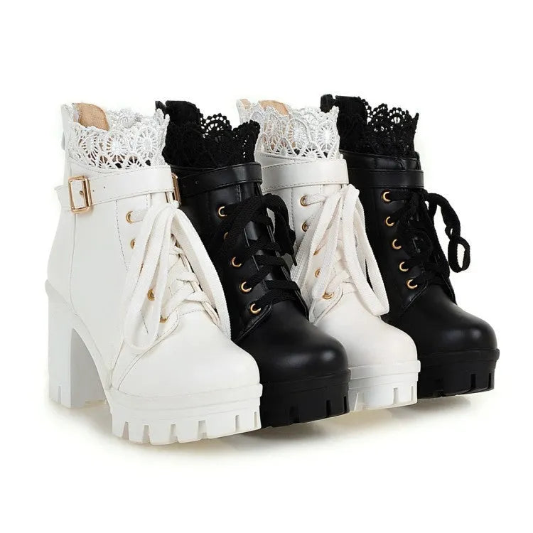 Women's lace-up ankle boots with 6-8cm thick heel, round toe and side zipper in white, black or brown