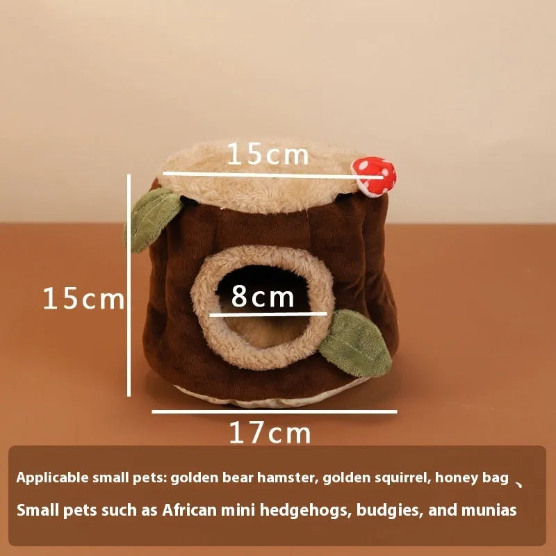 Brown cloth hanging stump nest for rabbits or small pets, shown in three size options S, M, L.