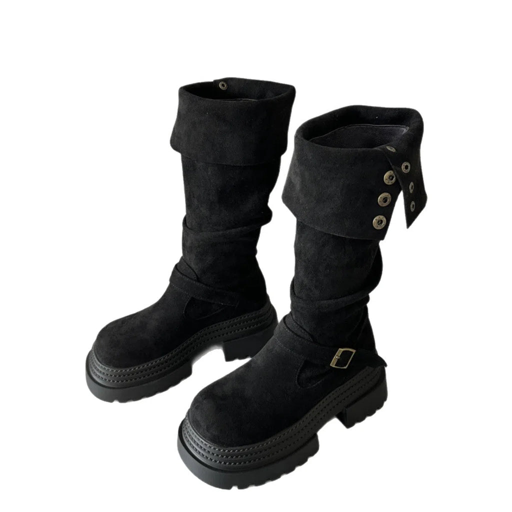 Women's retro chunky-heel knee-high boots in black with side zipper and round toe