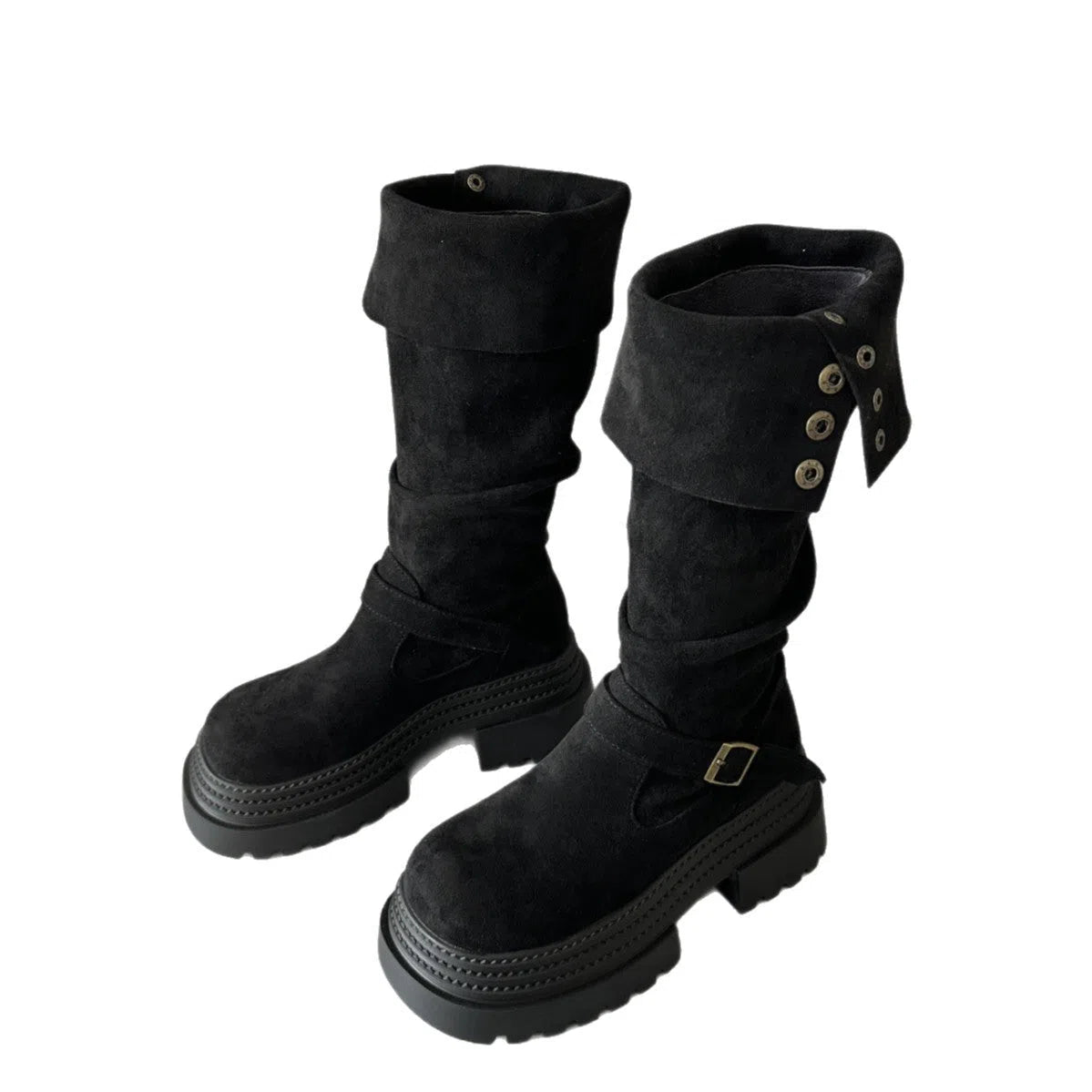 Women's retro chunky-heel knee-high boots in black with side zipper and round toe