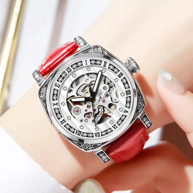 Men's mechanical watch with luminous hands on a leather strap, showing colour options: black, red, steel, and white dials.