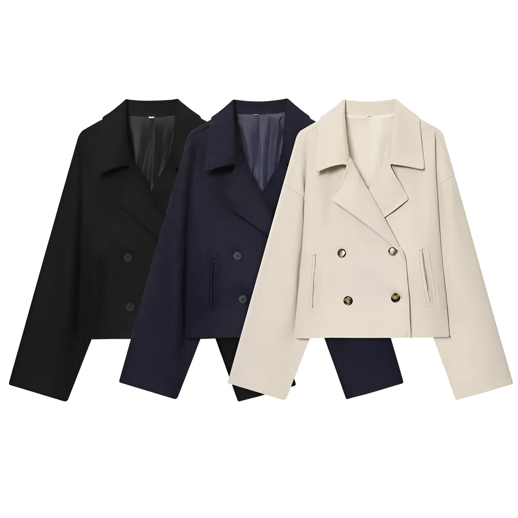 Short double breasted woolen coat in black with front pockets on a woman for commute wear