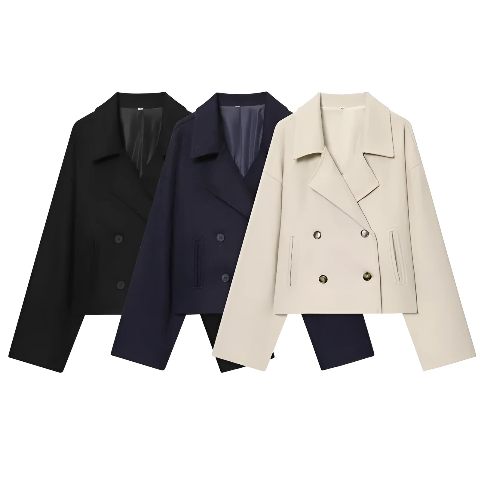 Short double breasted woolen coat in black with front pockets on a woman for commute wear