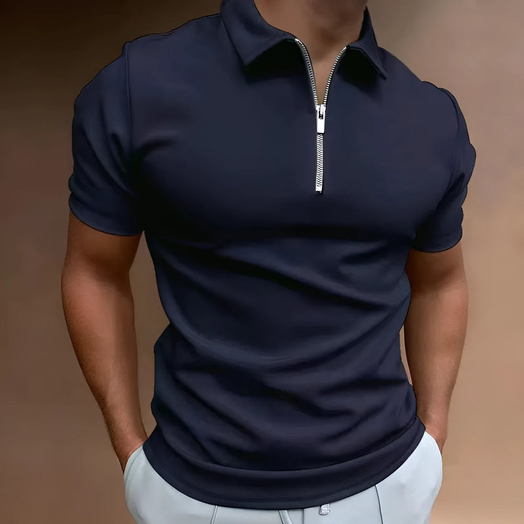 Men's casual short sleeve digital print POLO shirt in navy blue, loose fit polyester, front view