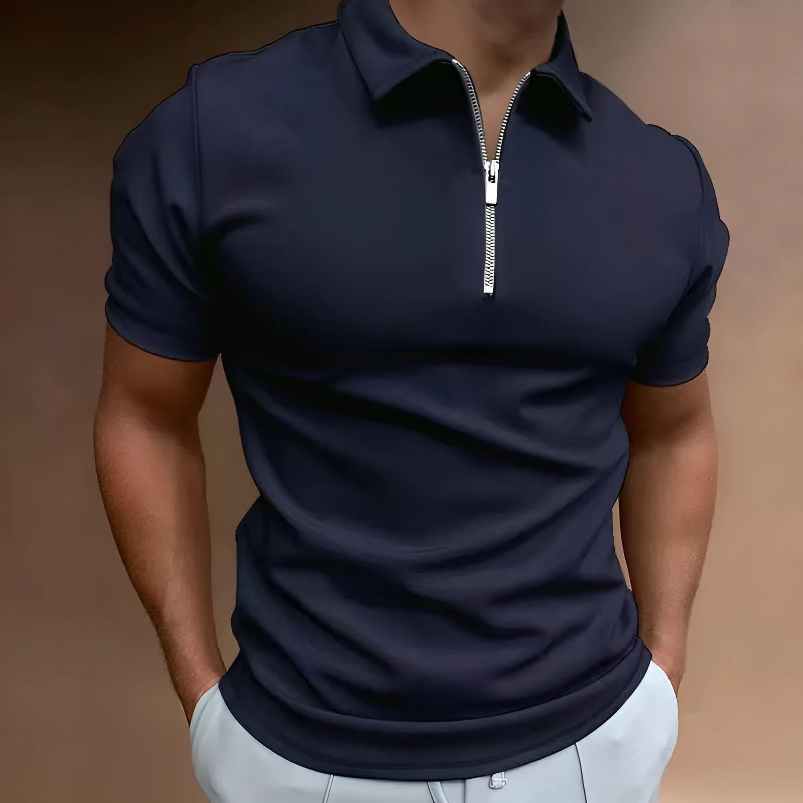 Men's casual short sleeve digital print POLO shirt in navy blue, loose fit polyester, front view