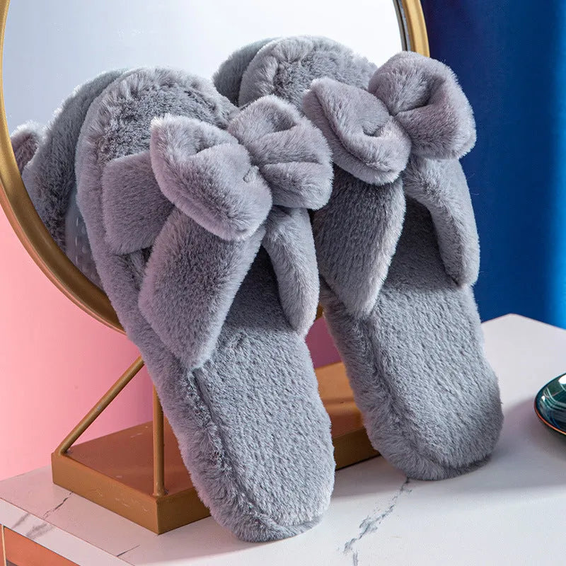 Bowknot plush slippers women's open-toe flip-flop with TPR sole in grey, pink, red, sky blue