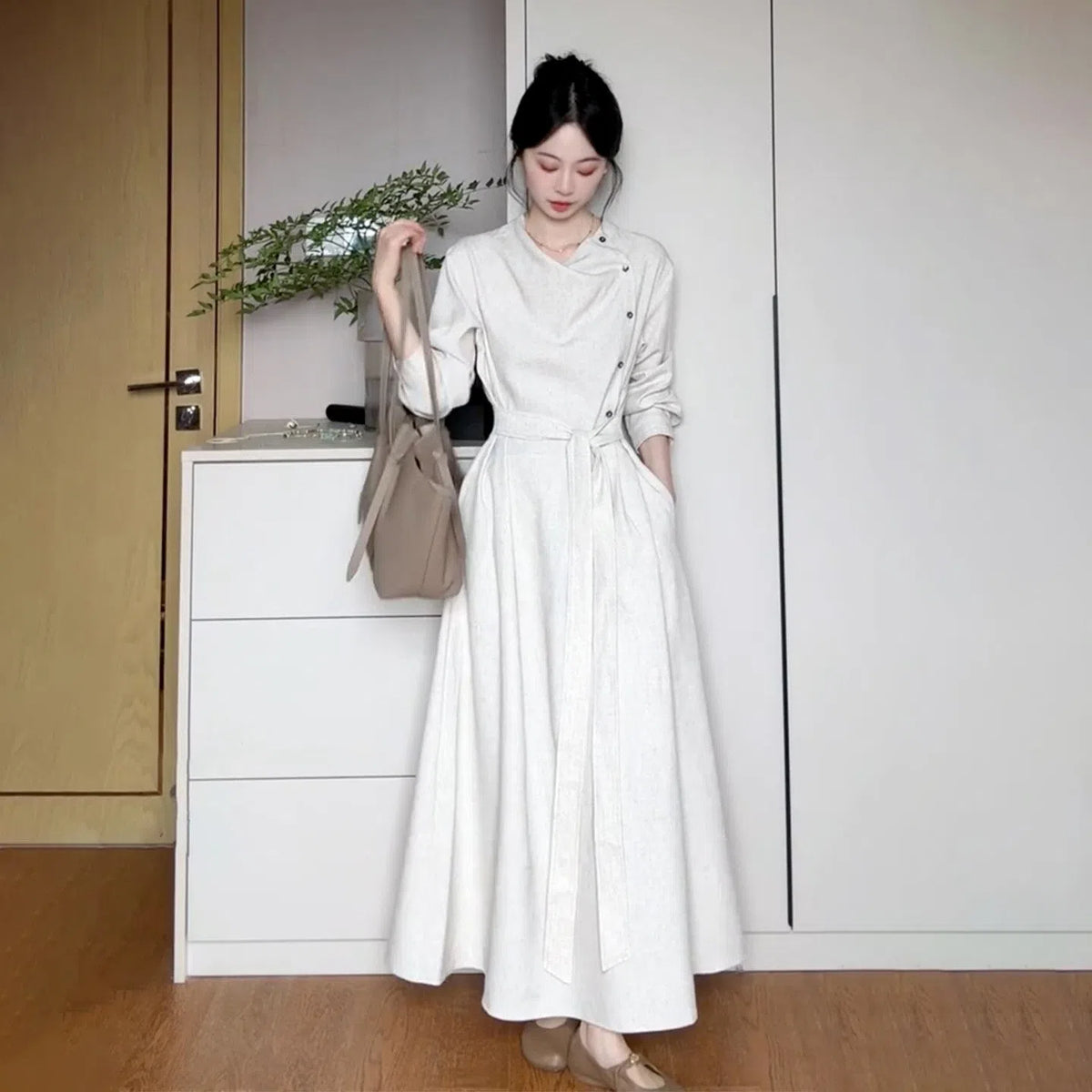 Apricot strapped long sleeve dress for women in polyester, sizes S to XL