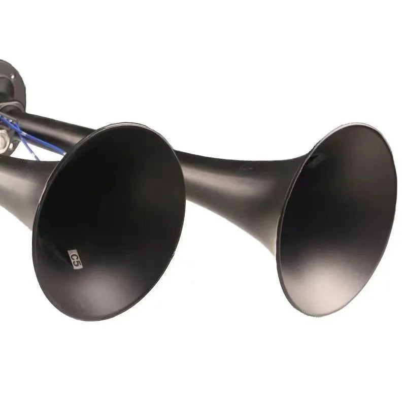 Black dual trumpet 12V 24V universal air horn and compressor kit for vehicles.