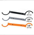 Three magnetic crescent wrenches in orange, grey, and black with locking mechanism and suction feature