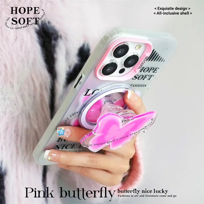 White TPU phone case with magnetic bracket and printed frosted laser design for Apple iPhone