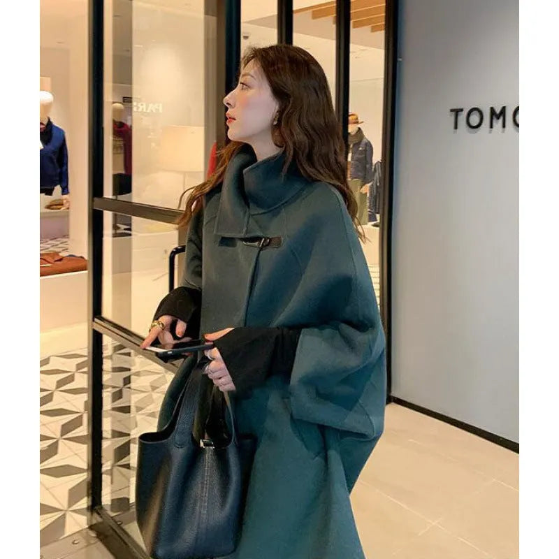 Women's Korean style oatmeal colour coat with 100cm length and half flight sleeves for autumn winter wear