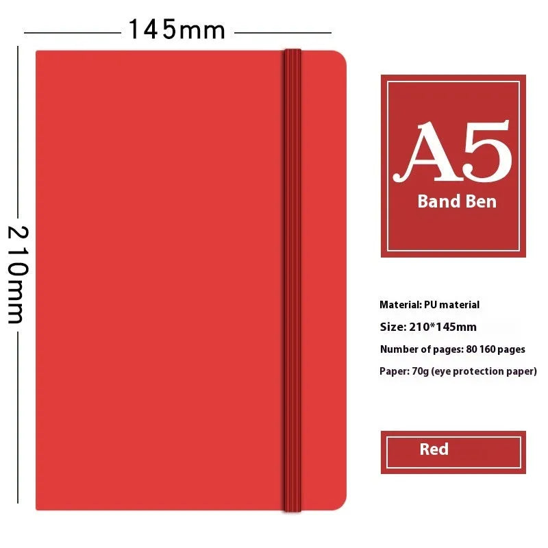 A5 faux leather notebook open with pen insert and strap, 200 pages, blue and black options