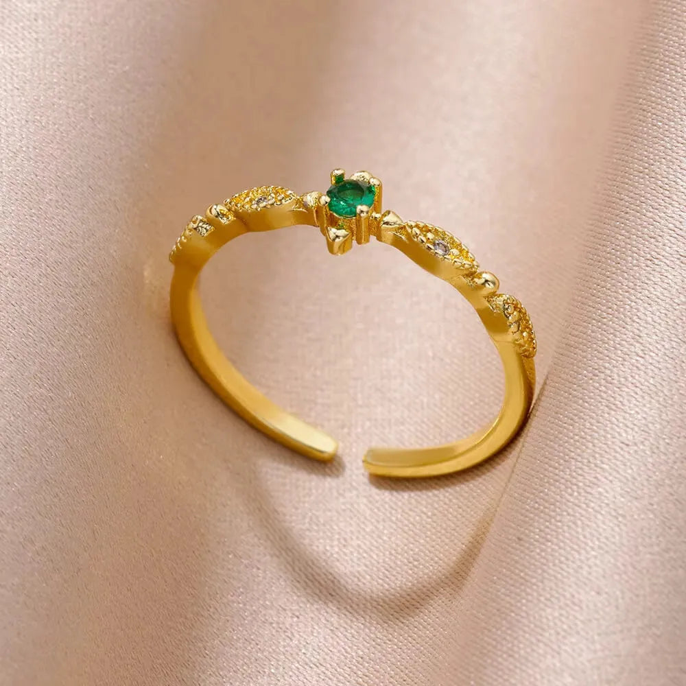 18K gold plated love emerald adjustable open mouth ring with synthetic zircon stone on copper base
