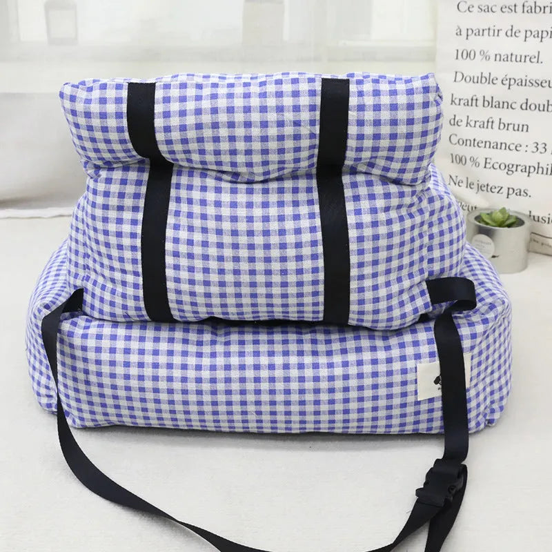 Grey and blue plaid car-mounted cloth nest for dogs, shown in small and large size options.