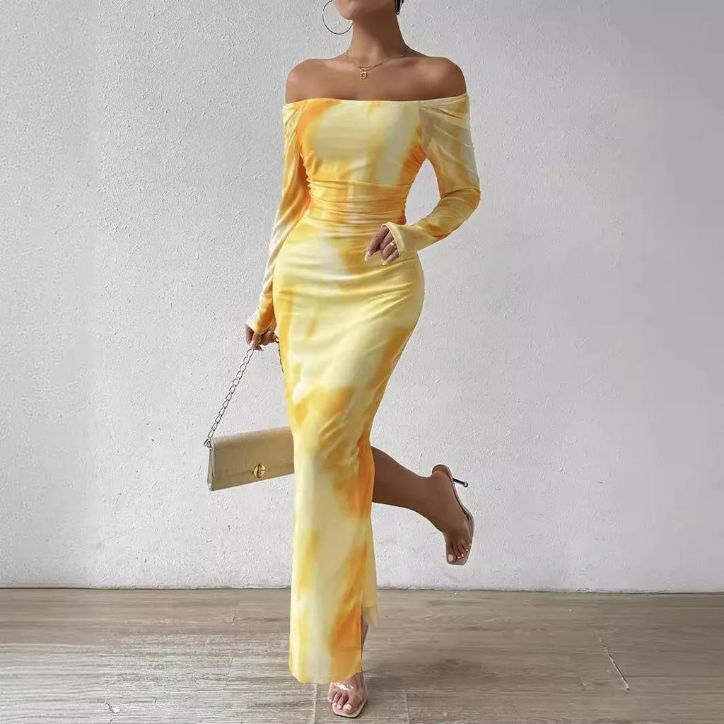 Women's mesh fishtail dress with square collar and gradient colour pleated design
