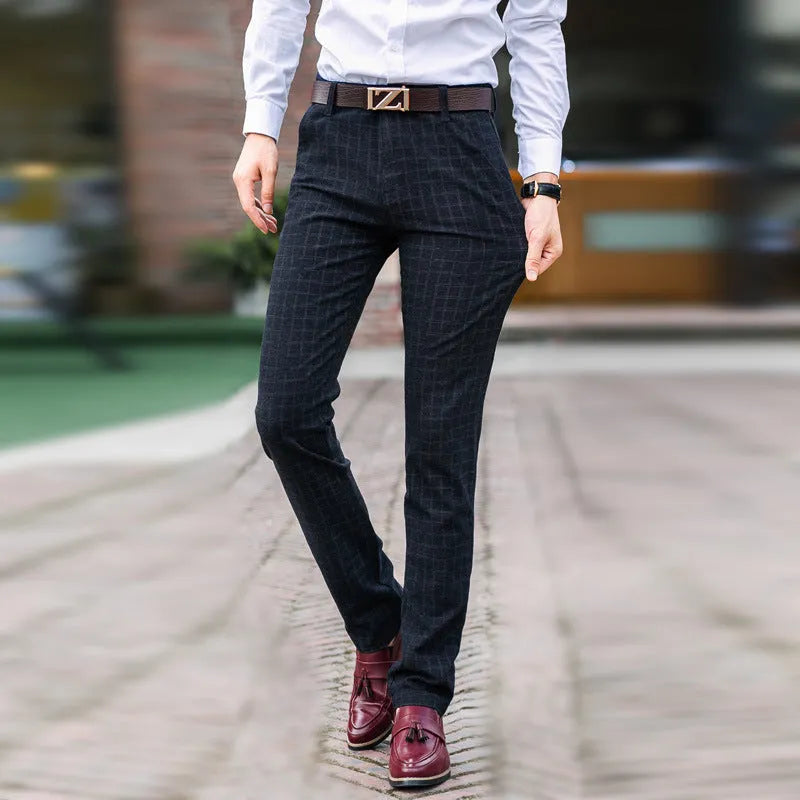 Straight slim Korean style cotton trousers for men in black, check pattern, mid-rise waist
