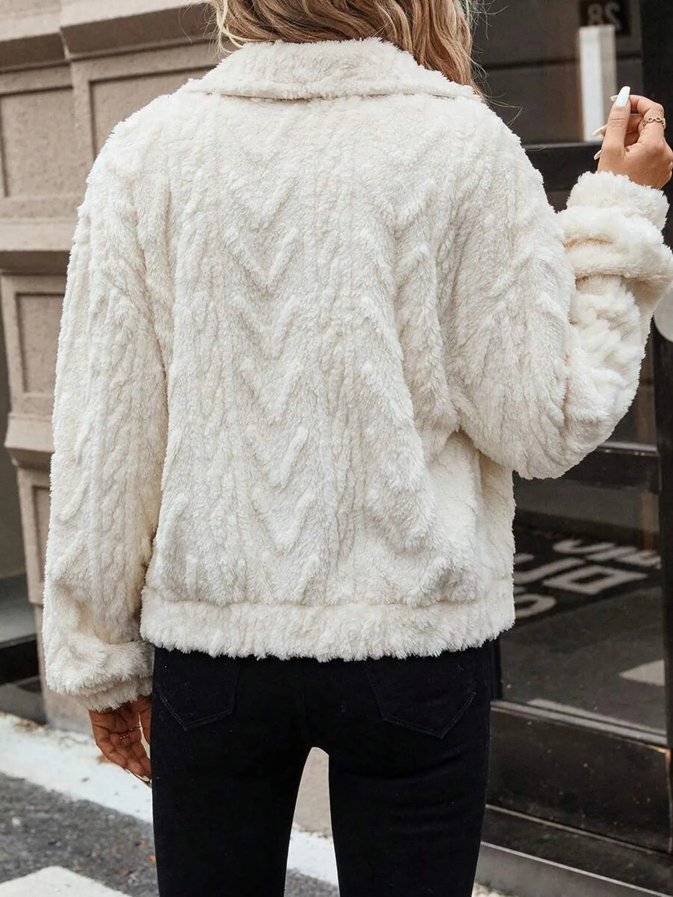 Women's ivory white polyester button cardigan coat with regular sleeves and double-sided plush construction