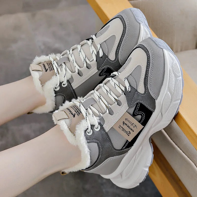 Women's winter thermal fleece-lined sneakers, round toe, mid heel, front lace-up, in black, blue, and gray