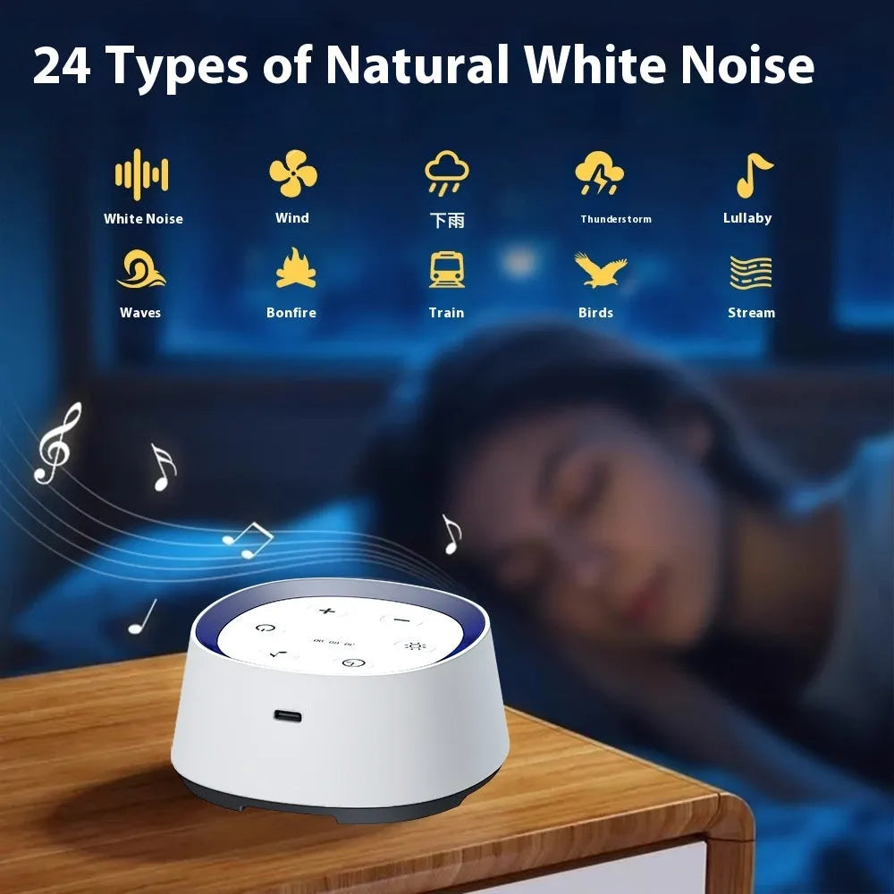 White rechargeable baby crying induction night light with timer and music function on a wooden shelf