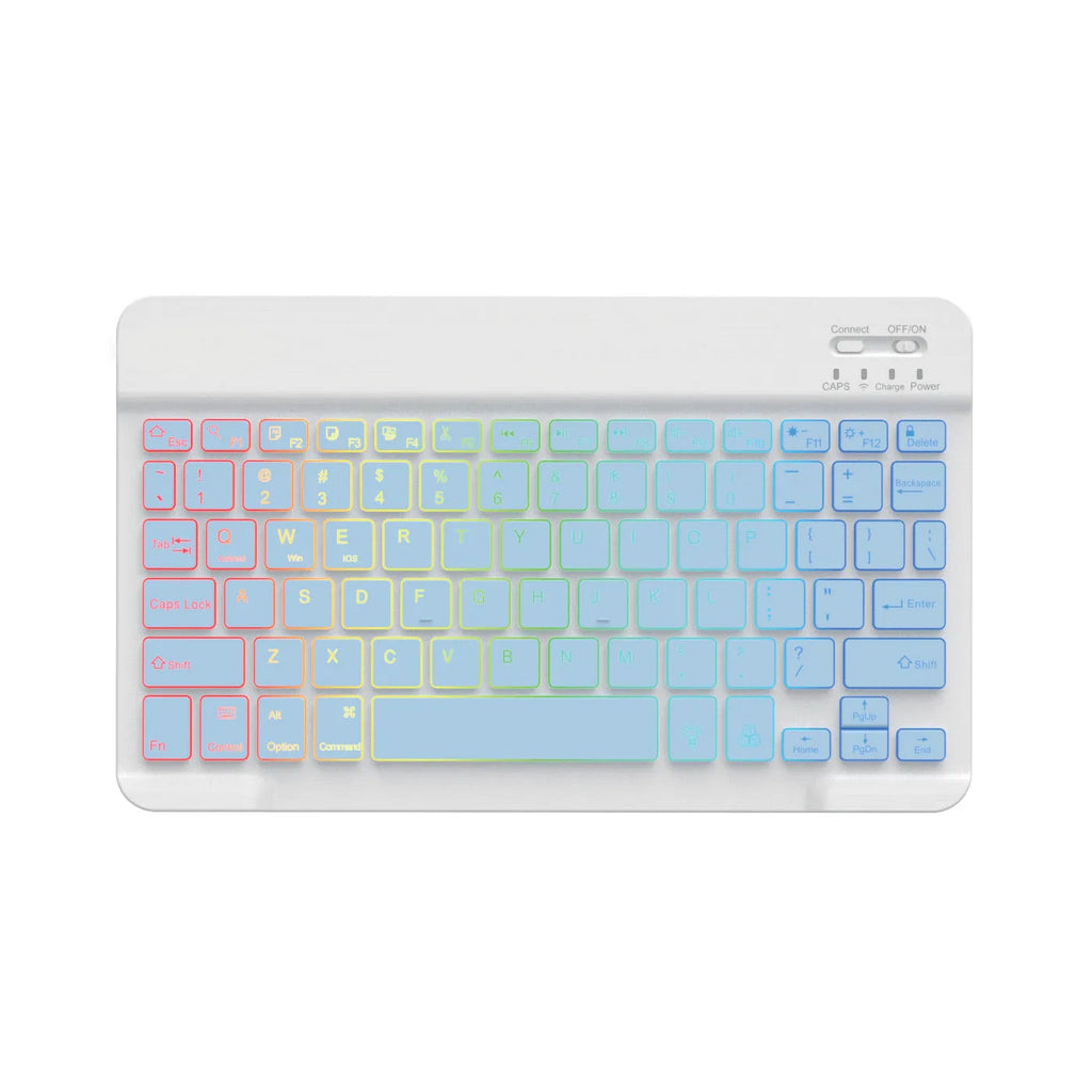 10-inch wireless Bluetooth keyboard with colourful backlit keys on a desk next to a tablet.