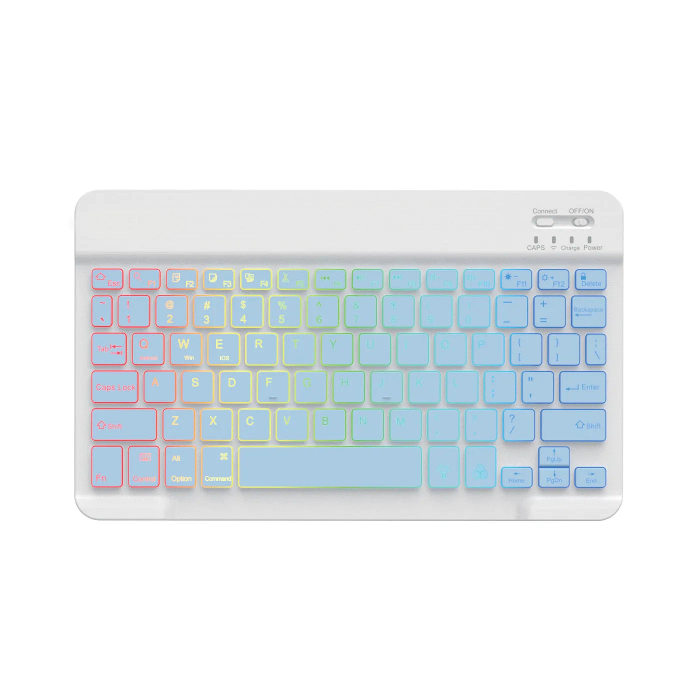 10-inch wireless Bluetooth keyboard with colourful backlit keys on a desk next to a tablet.