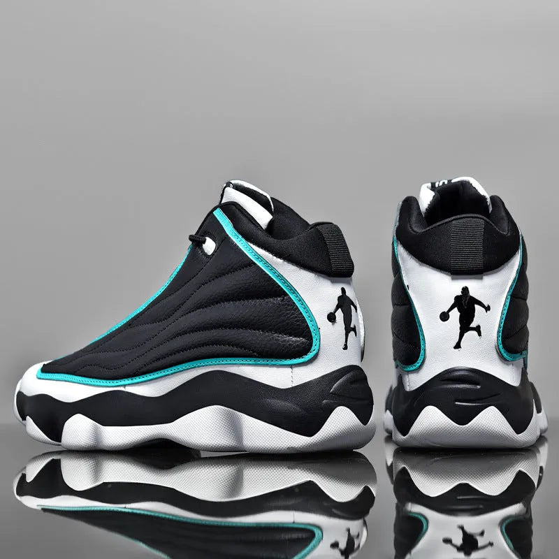 High-top basketball shoes in AJ13 colours with mesh upper and thick rubber sole on a white background