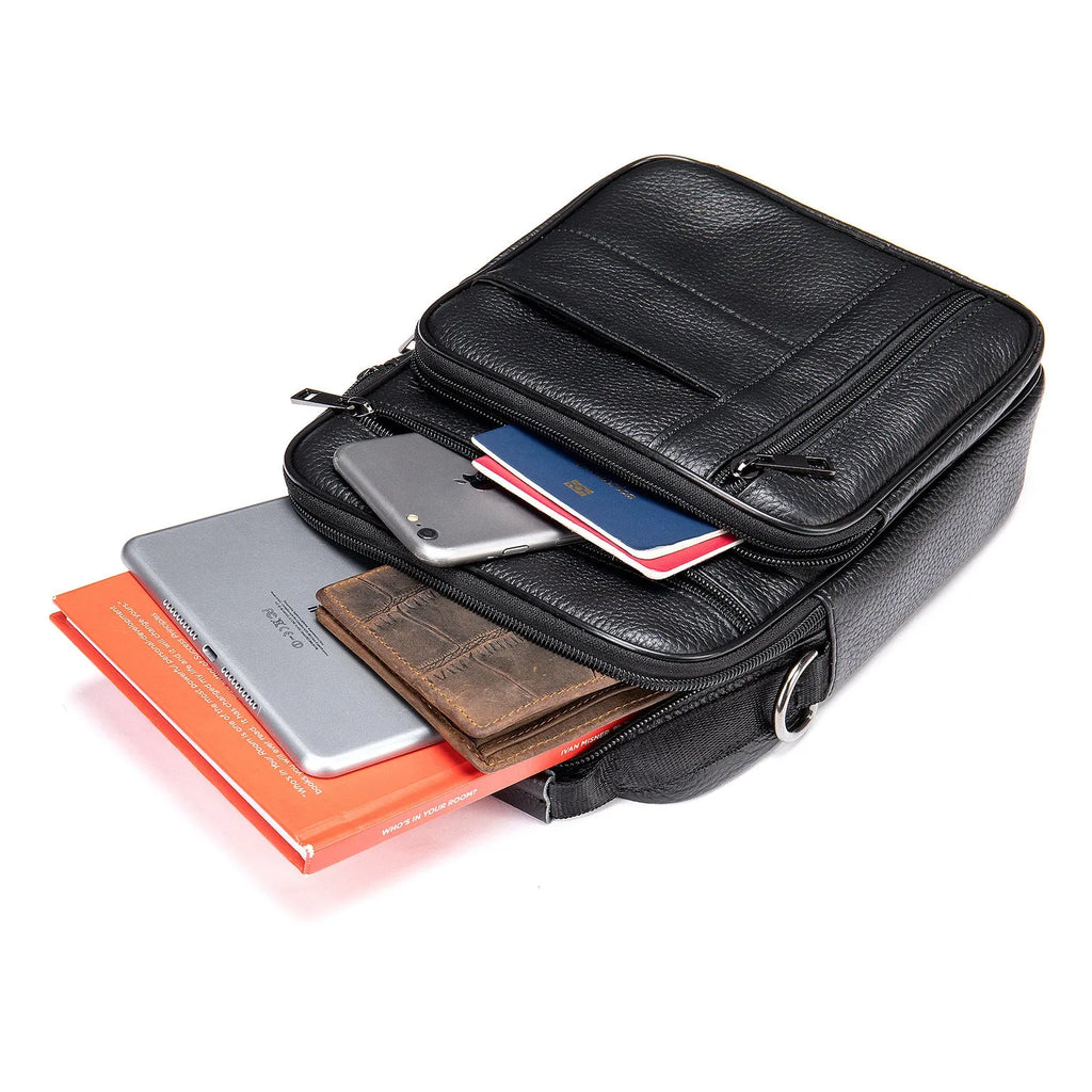 Men's vintage-style genuine leather shoulder bag in vertical square design with soft handle