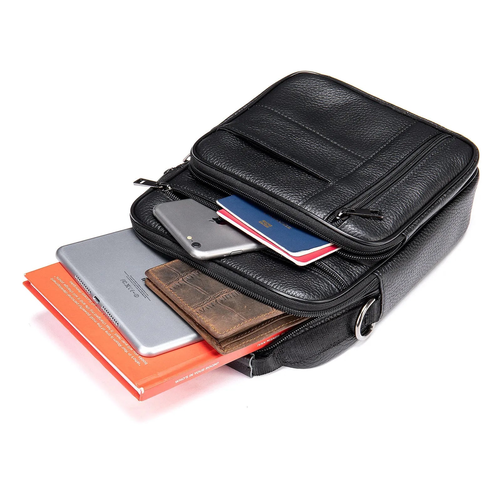 Men's vintage-style genuine leather shoulder bag in vertical square design with soft handle