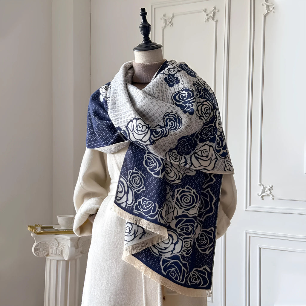 Cashmere-like winter scarf with tassel trim in four colour options showing dimensions of 185cm by 65cm