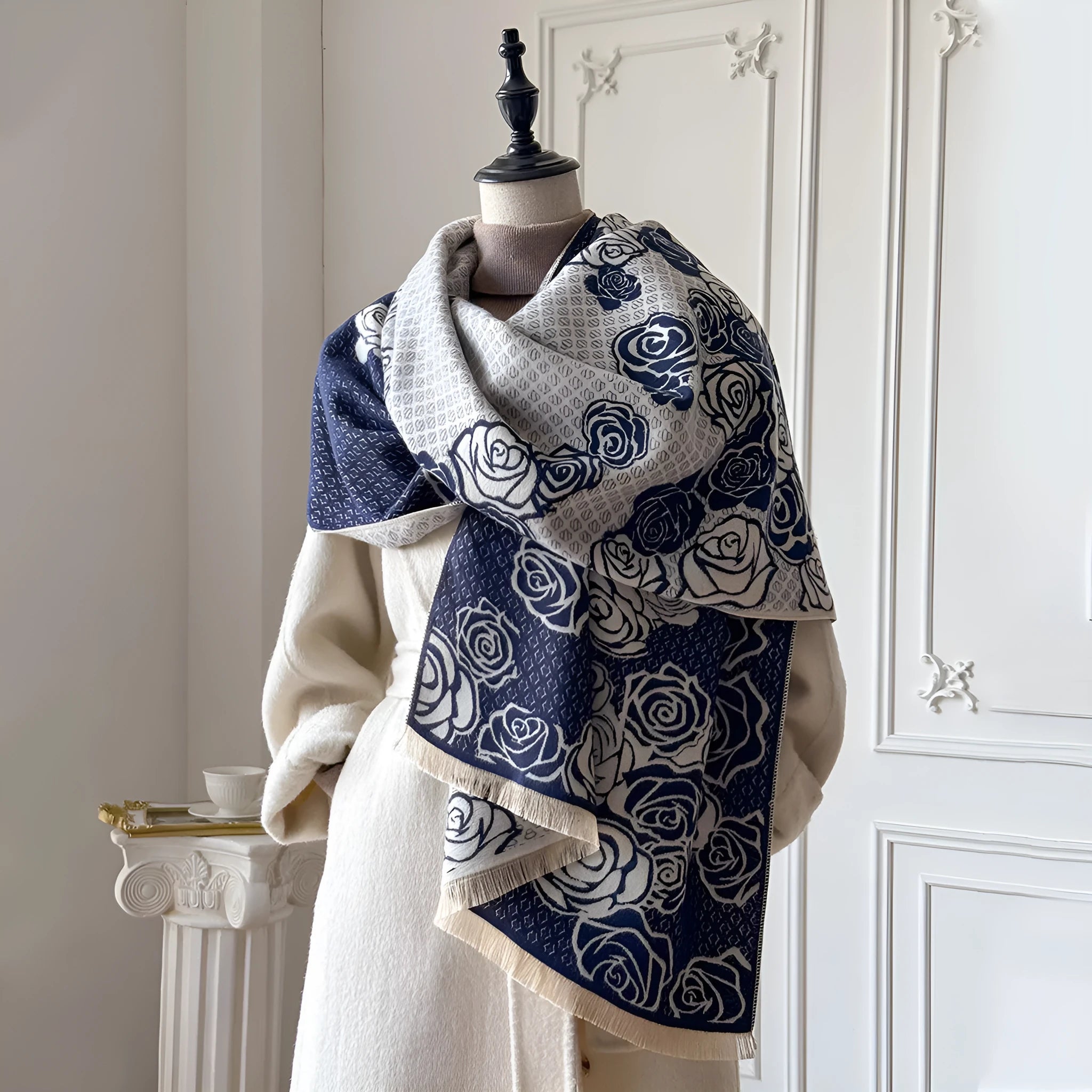 Cashmere-like winter scarf with tassel trim in four colour options showing dimensions of 185cm by 65cm