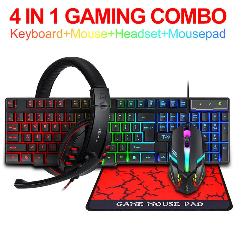 Thunder Wolf T800 wired gaming keyboard and mouse combo set with headset and mouse pad on a desk