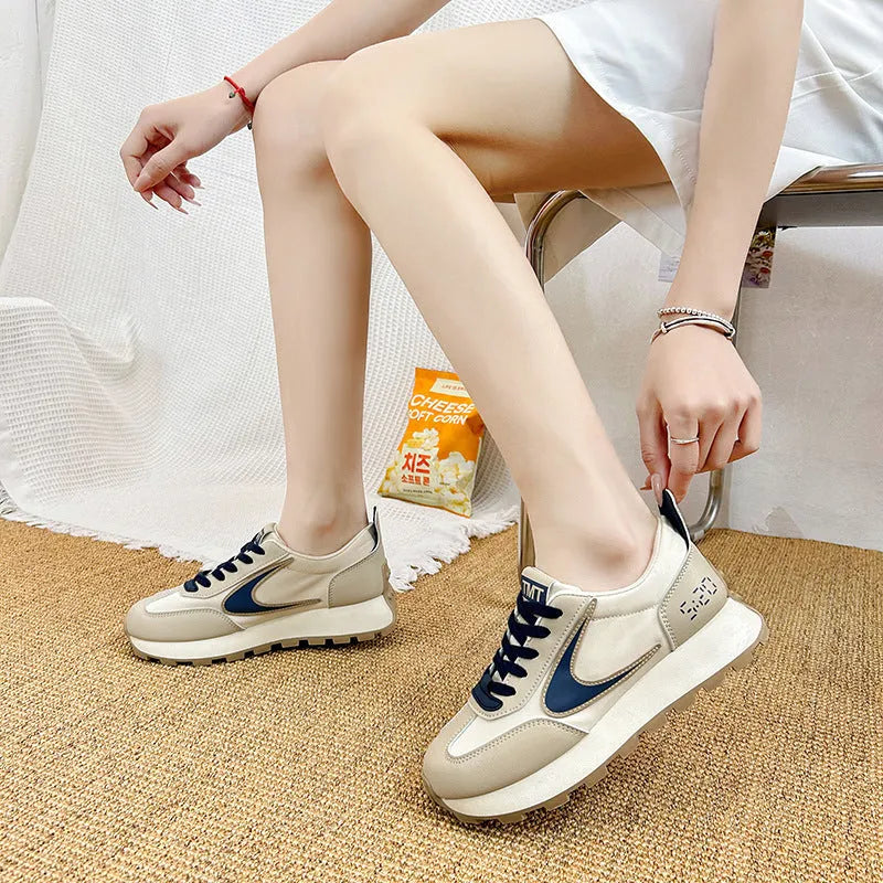 Forrest Gump heightened daddy shoes beige low top round toe mid heel 3-5cm height increasing sneakers