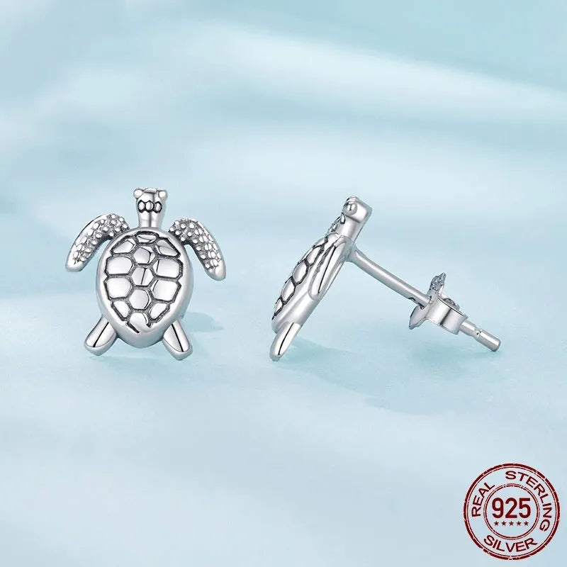 S925 sterling silver turtle stud earrings with polished finish, unisex pair, colour SCE1935