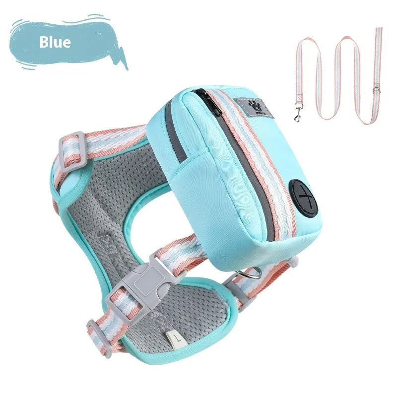 Pink explosion-proof dog harness with quick-release buckle and adjustable straps on a dog, with a 1.5m lead attached.