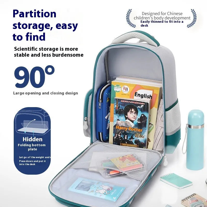 Children's waterproof canvas schoolbag with curved shoulder straps, spine protection, solid colour, small and large sizes