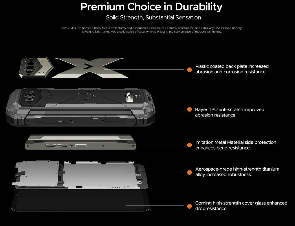 VMAX PRO black and grey mobile phone with plastic case and included charger