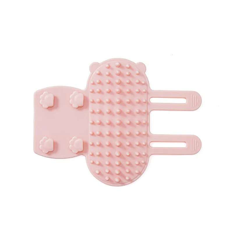 Silicone cat grooming and scratching comb with adjustable strap in black, green, pink, or yellow.