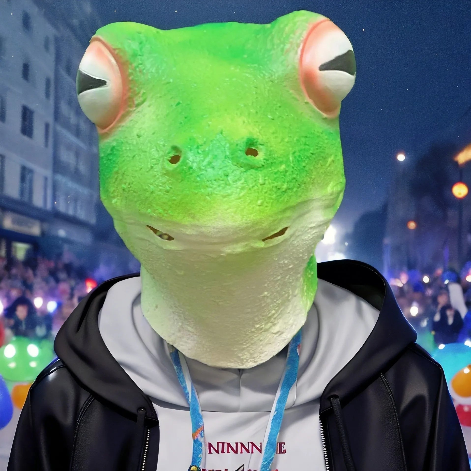 Realistic red-eyed frog latex mask with green and red colouring