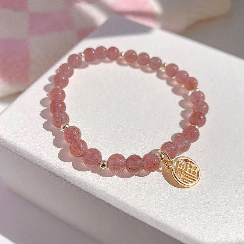 Strawberry quartz blessing card bracelet made from glass with manual processing