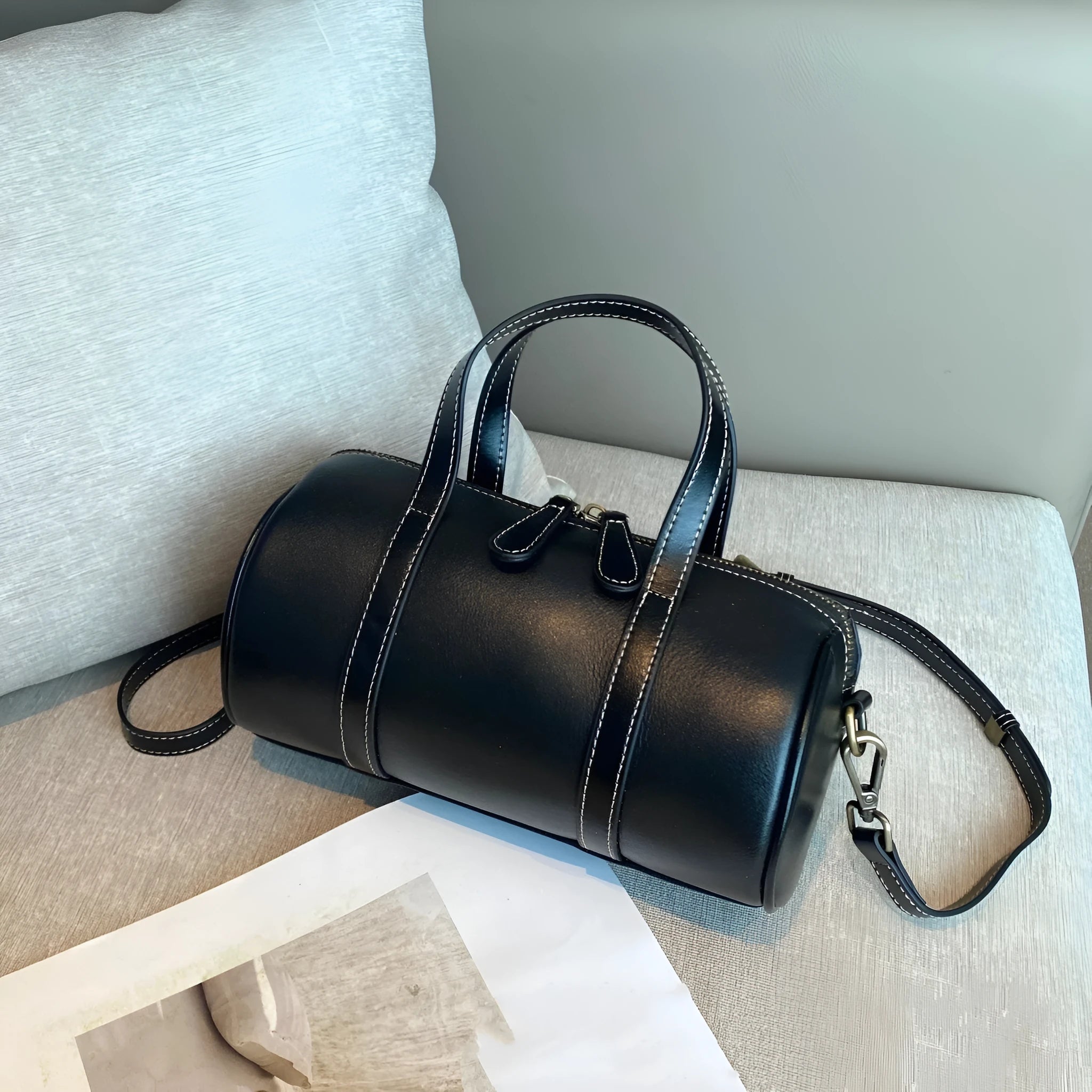 Cortex women's genuine leather crossbody bag in pillow shape with patchwork design, 24x12x13cm, available in black