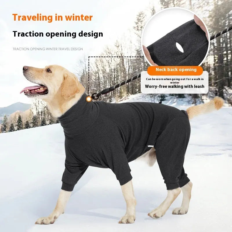 Dark grey four-legged polar fleece dog coat with high collar on model dog
