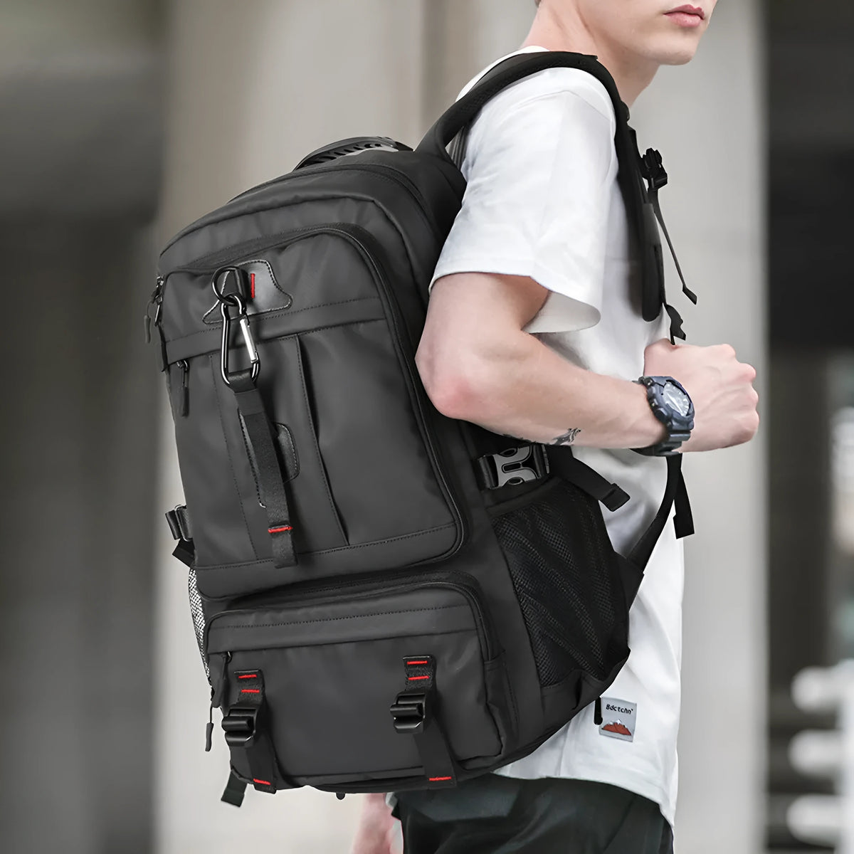 Oxford cloth large capacity travel backpack in black with anti-theft design and USB charging port
