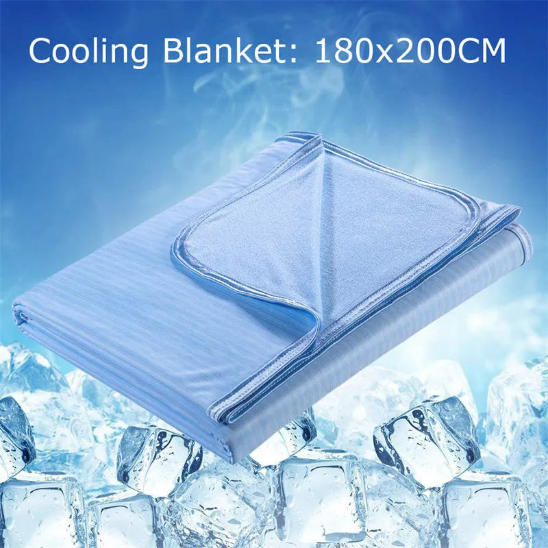 Cooling blanket in blue, grey, and pink colours on a bed, showing the polyester weave and Q-Max cooling fiber technology