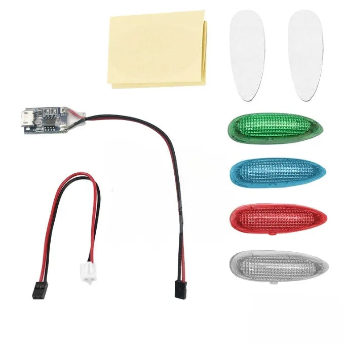 Aviation model LED navigation light unit with shell probe mount and multiple colour LEDs on a PCB board.