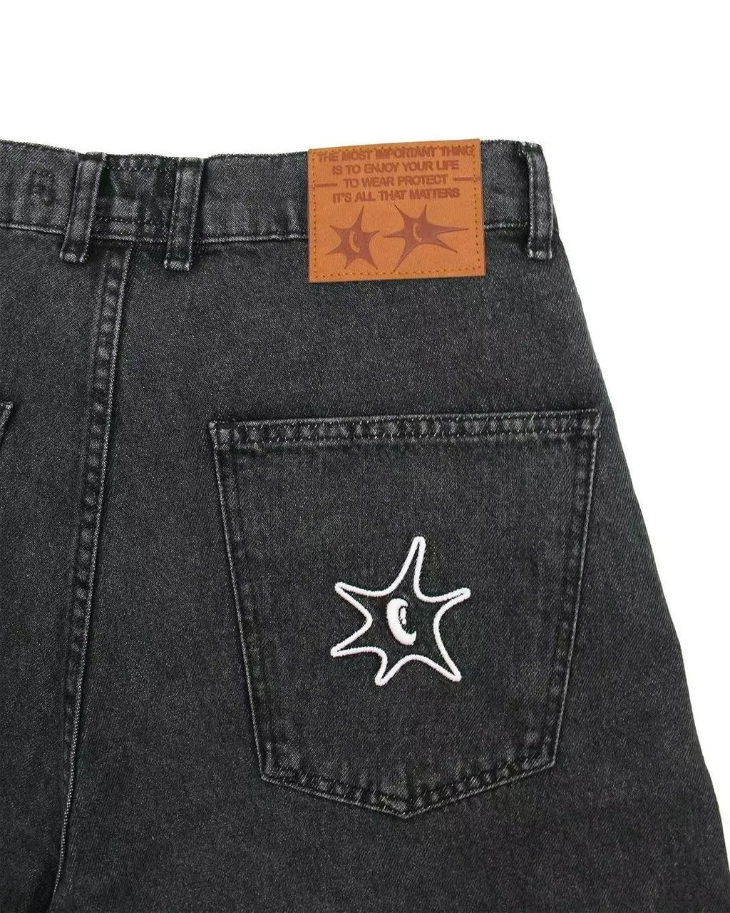 Men's blue denim hip hop shorts with straight leg cut on mannequin