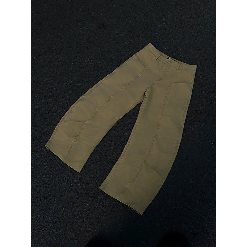Khaki coloured men's straight leg cotton trousers on a white background