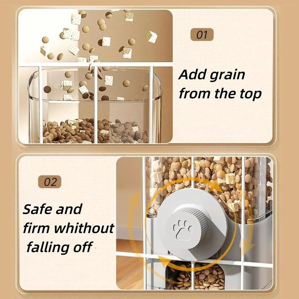 1.2L grey automatic pet feeder and 520ml water dispenser set with hanging cage design for small puppy, cat, or rabbit.