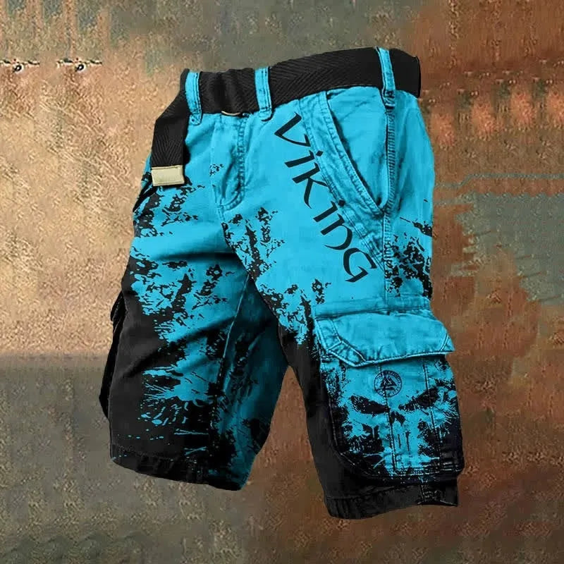 Man wearing grey shorts with a graphic 3D print and a full-length zip fastening.